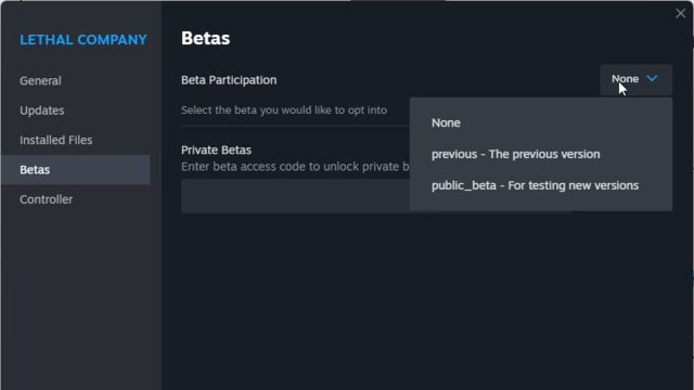 The beta participation tab for Lethal Company.