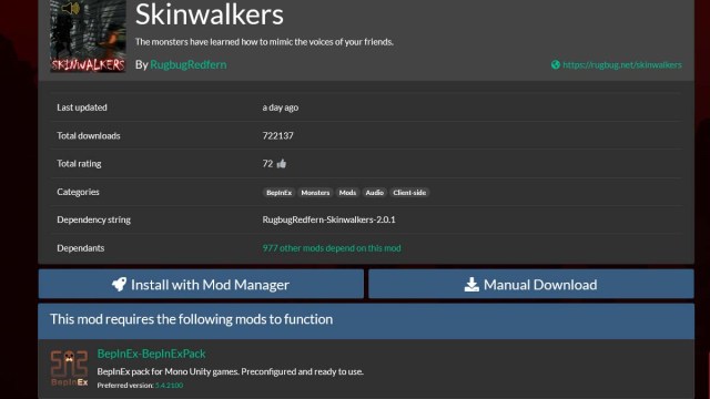 Webpage showing Skinwalkers mod for Lethal Company