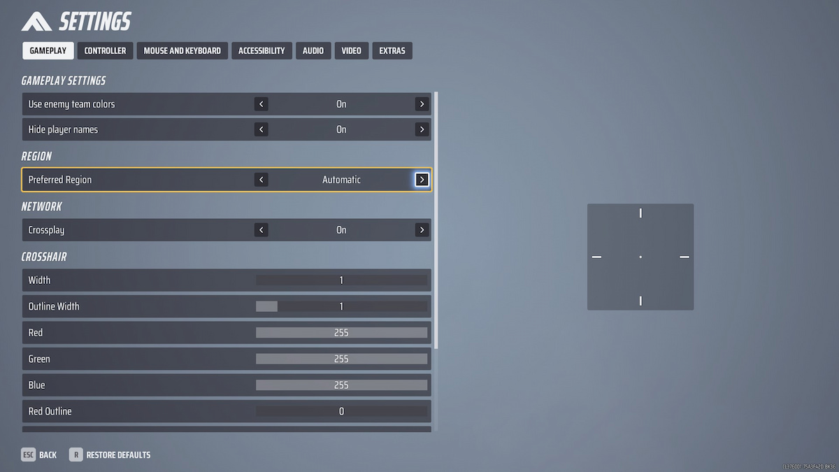 The Settings Screen in The Finals, highlighting the Region toggle.