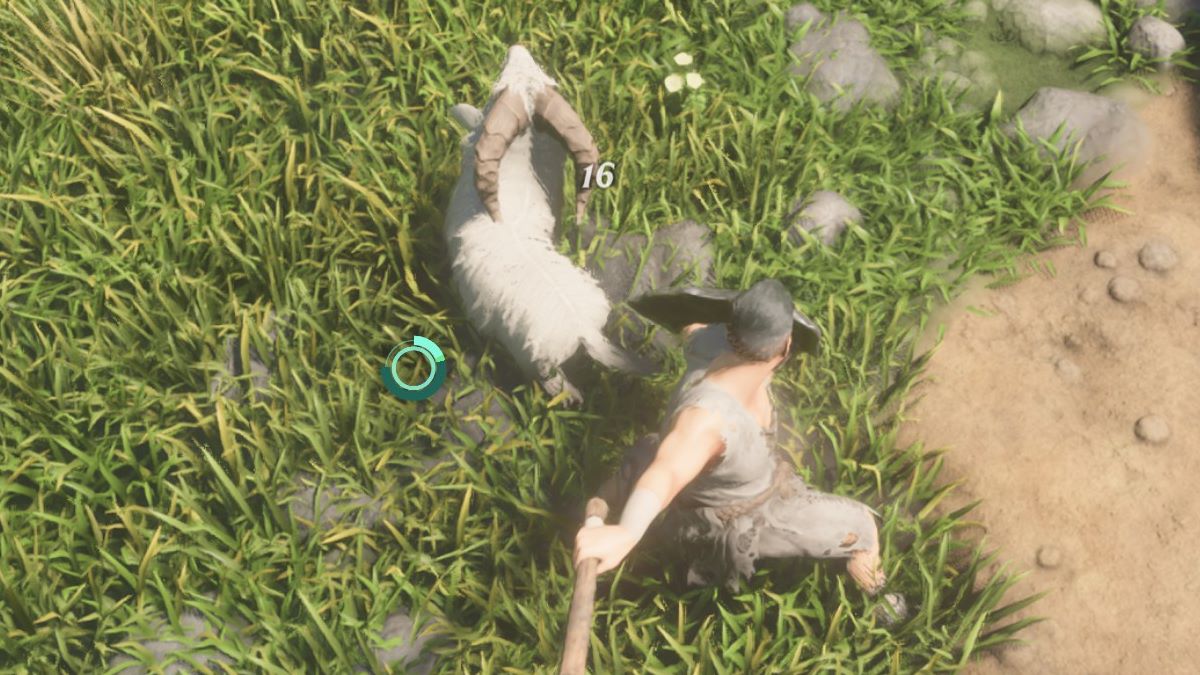 The player hitting a goat in Enshrouded