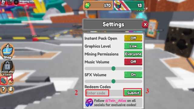 Redeeming codes in Roblox Mining Factory Tycoon