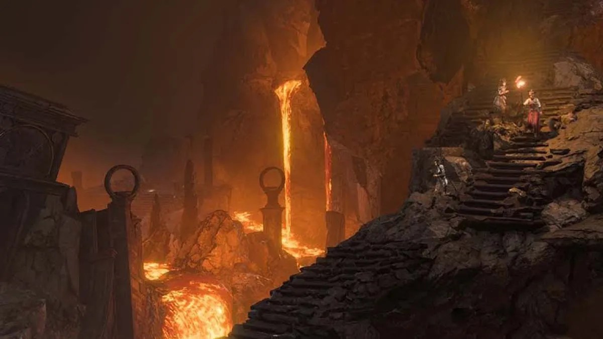 a baldurs gate 3 party descending down a rocky cliff while a lava waterfall pours in the background
