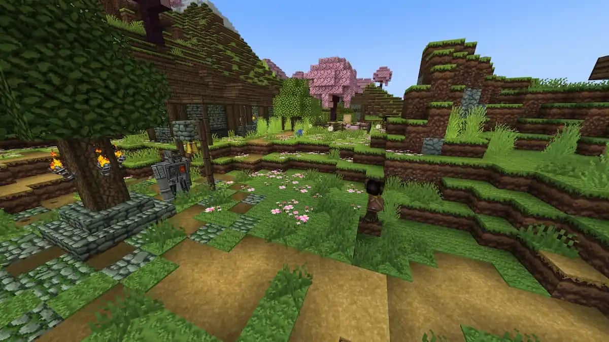 Cherry trees, forest, and plains in Minecraft