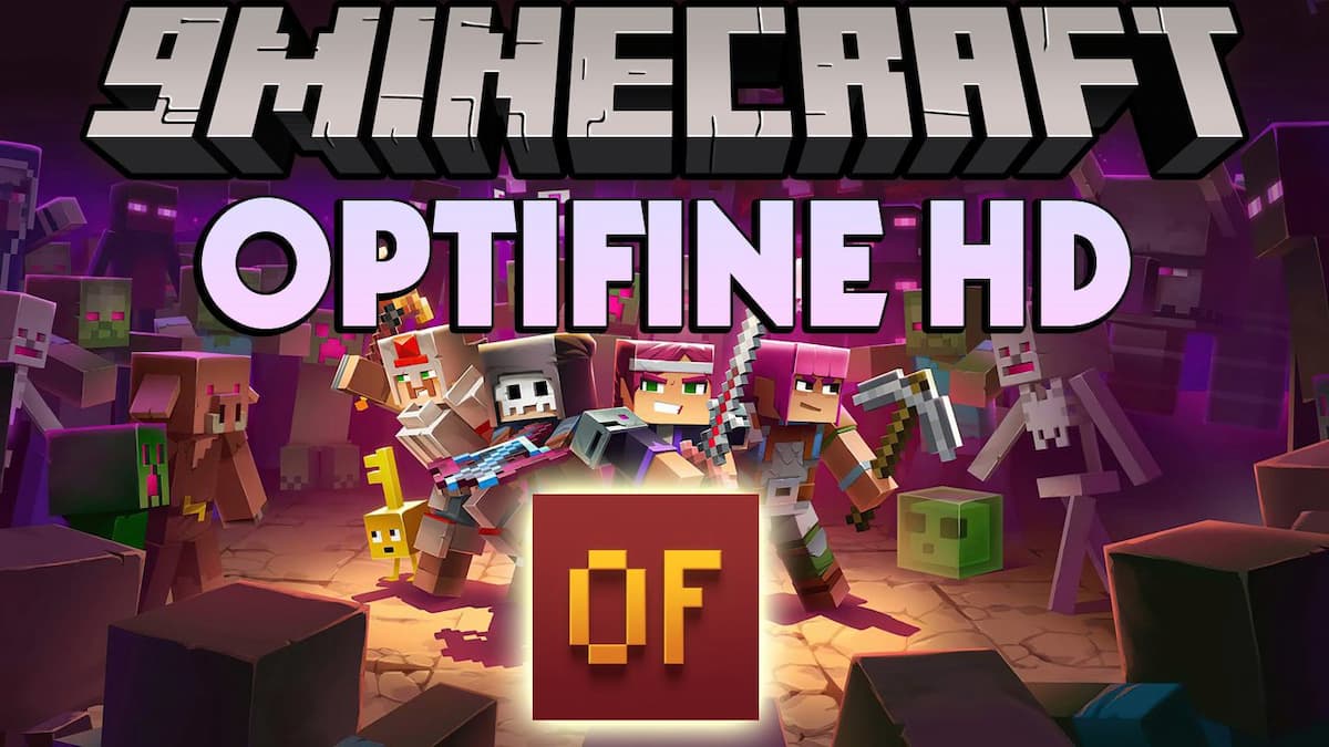 minecraft players standing infront of optifine logo