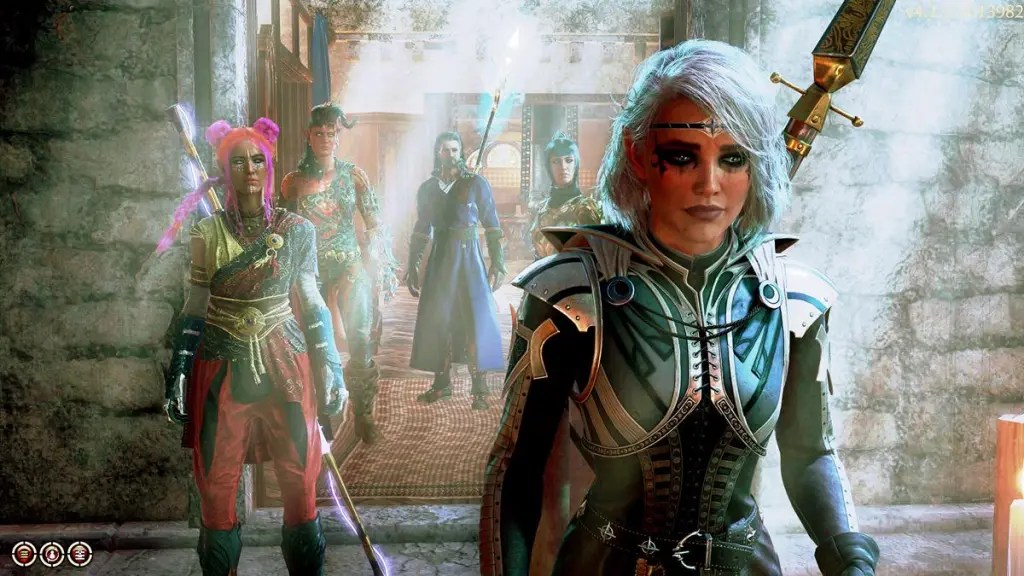 an armored female cleric standing in front of an adventuring party looking sombre
