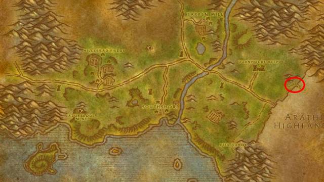 A map of hillsbrad foothills showing where to get on thordans wall in wow sod