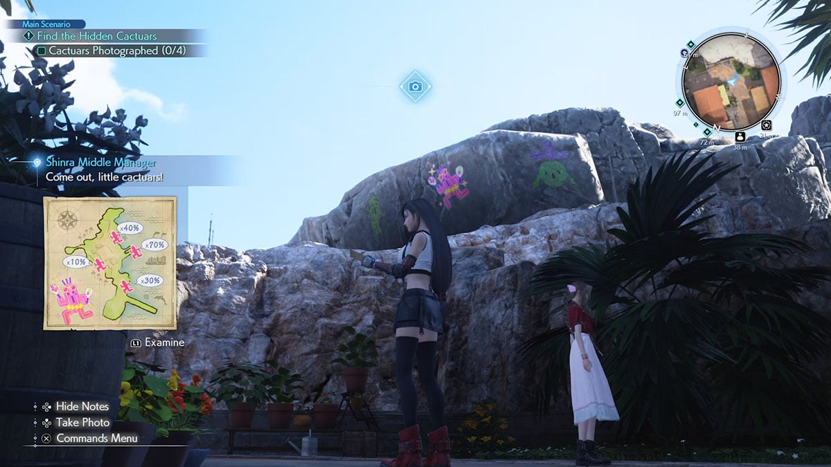 A cactuar painting on a rock near a flower shop in Final Fantasy 7 Rebirth