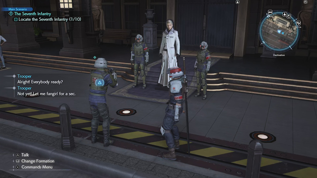 Shinra troopers near a cutout of Rufus Shinra in Final Fantasy VII: Rebirth