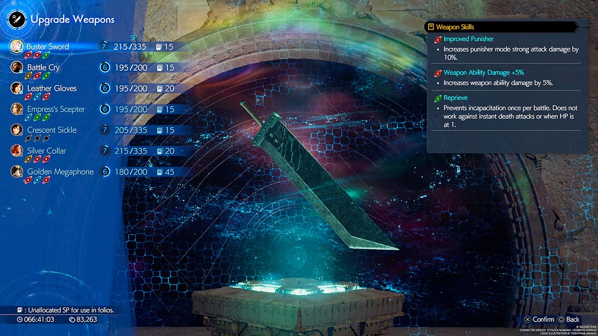 The weapon upgrade screen in Final Fantasy 7 Rebirth