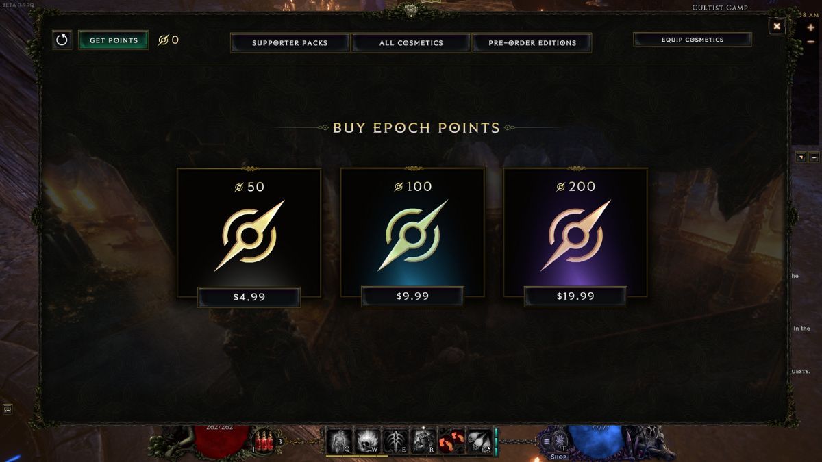 Last Epoch cosmetics currency menu.