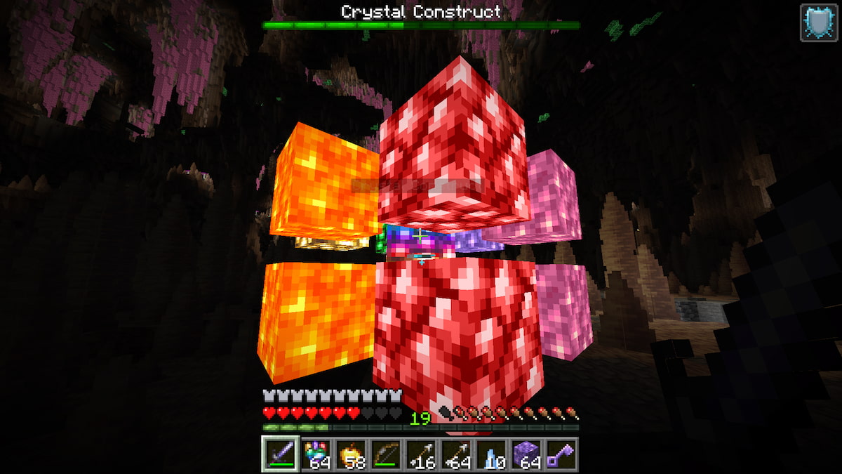 A floating Crystal Construct boss made from colorful blocks in the Infinite Abyss mod.