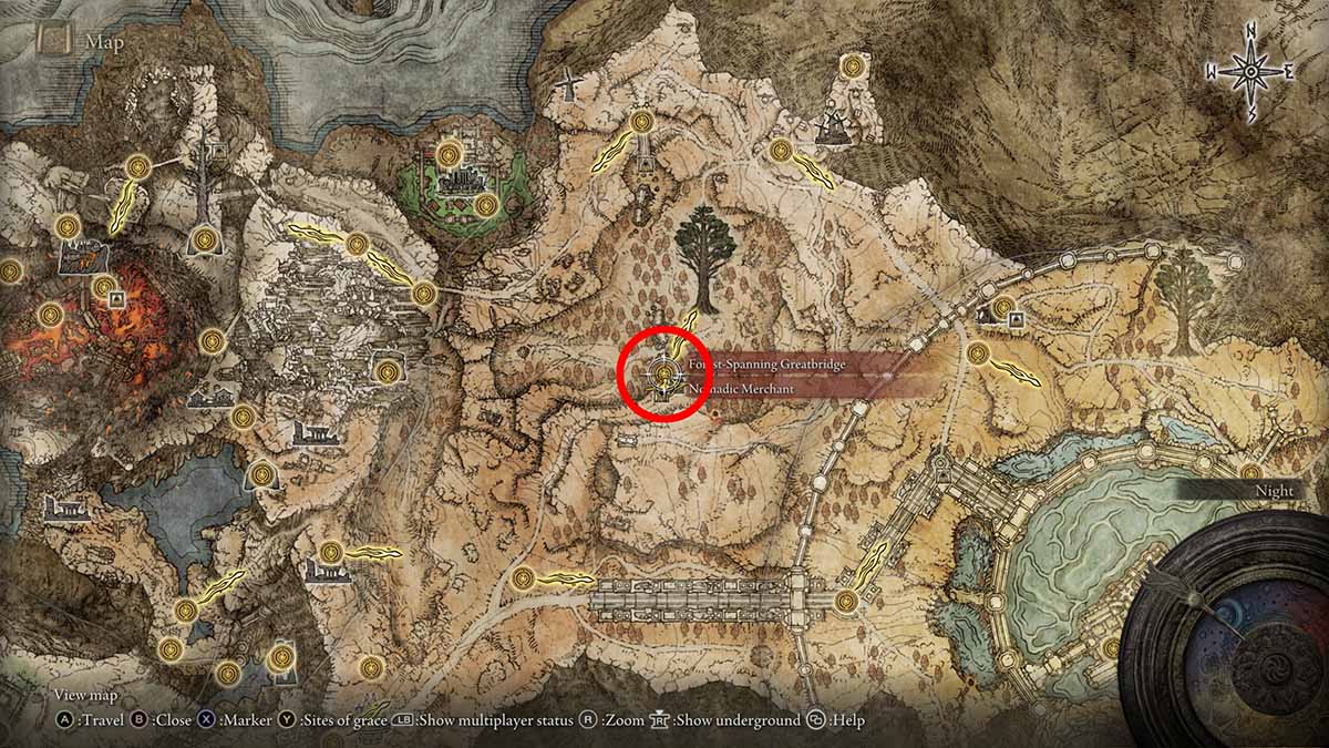 The location of the merchant in Central Altus Plateau in Elden Ring