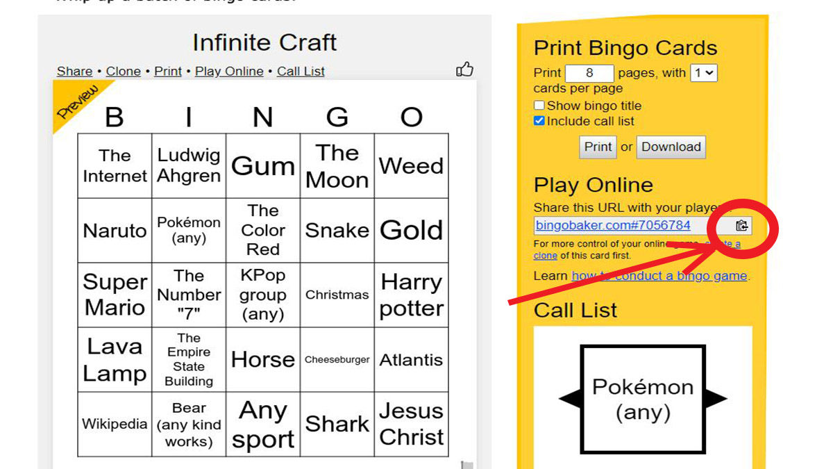 infinite craft bingo card generator