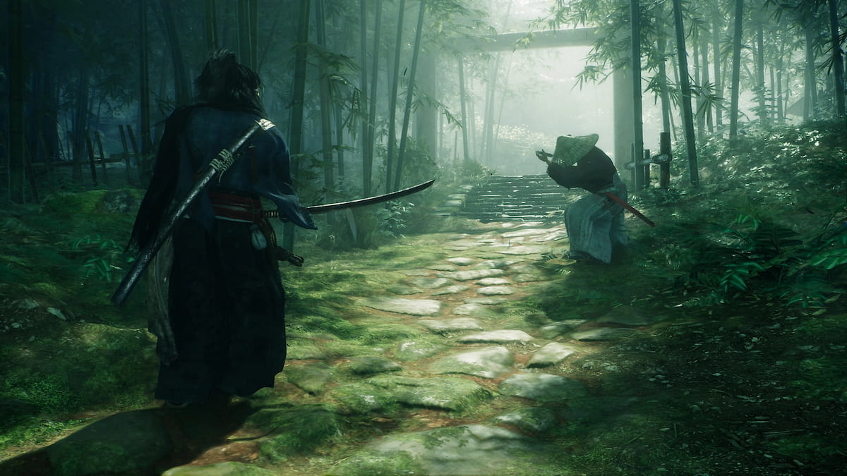 two samurai dueling in a bamboo forest