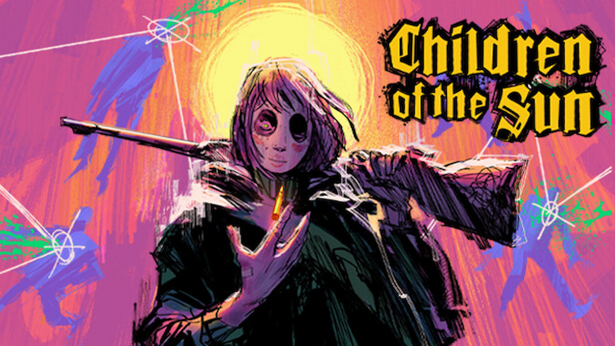 Children of the sun official cover, girl holding sniper on colorful background and title in the top right