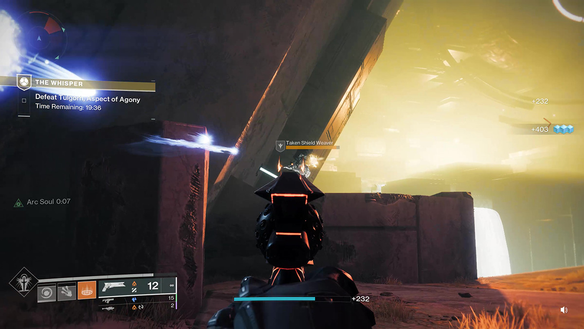 A Taken Shield generating Wizard in The Whisper Exotic mission in Destiny 2