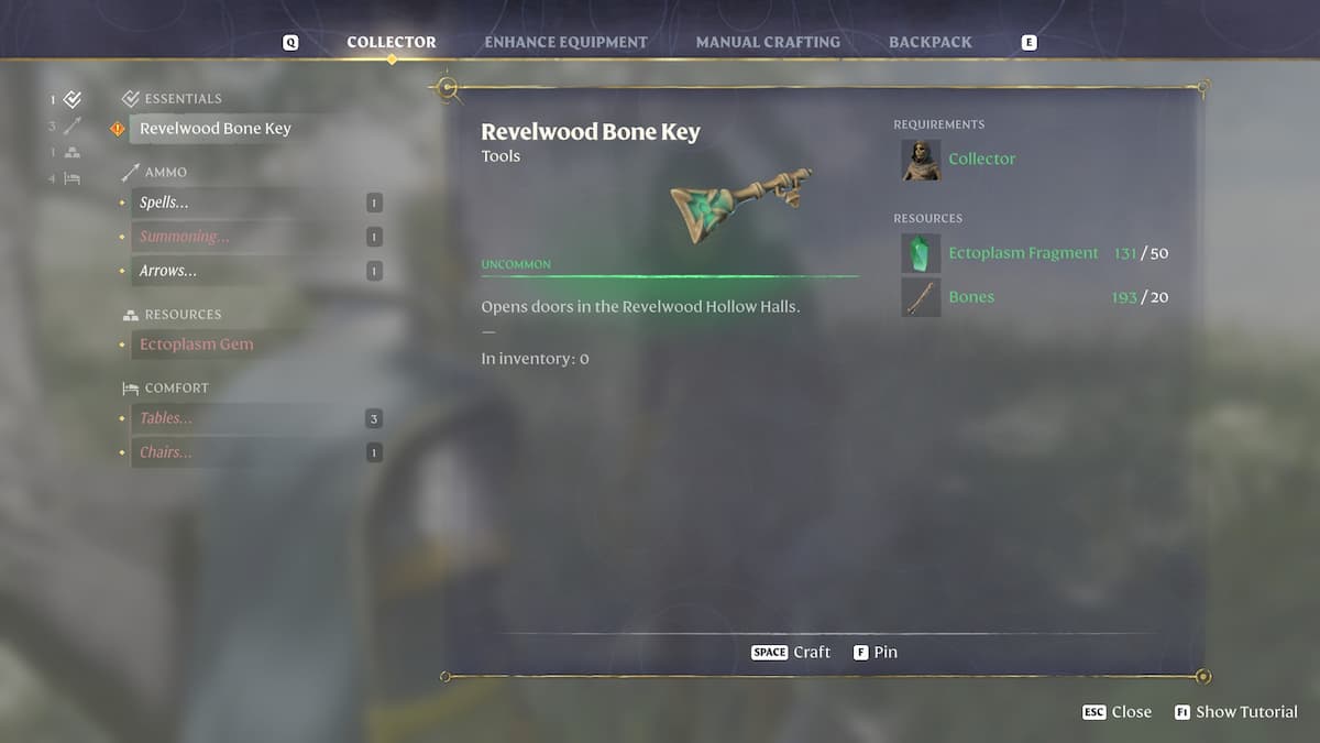 Revelwood Hollow Hall Key crafting recipe.