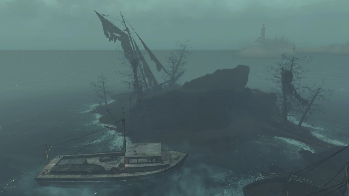 Mały statek stojący blisko małej wyspy, szeroki tylko na kilka stóp, otoczony mgłą.