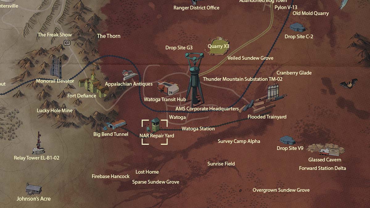 Standort der NAR-Reparaturwerft auf der Karte in Fallout 76