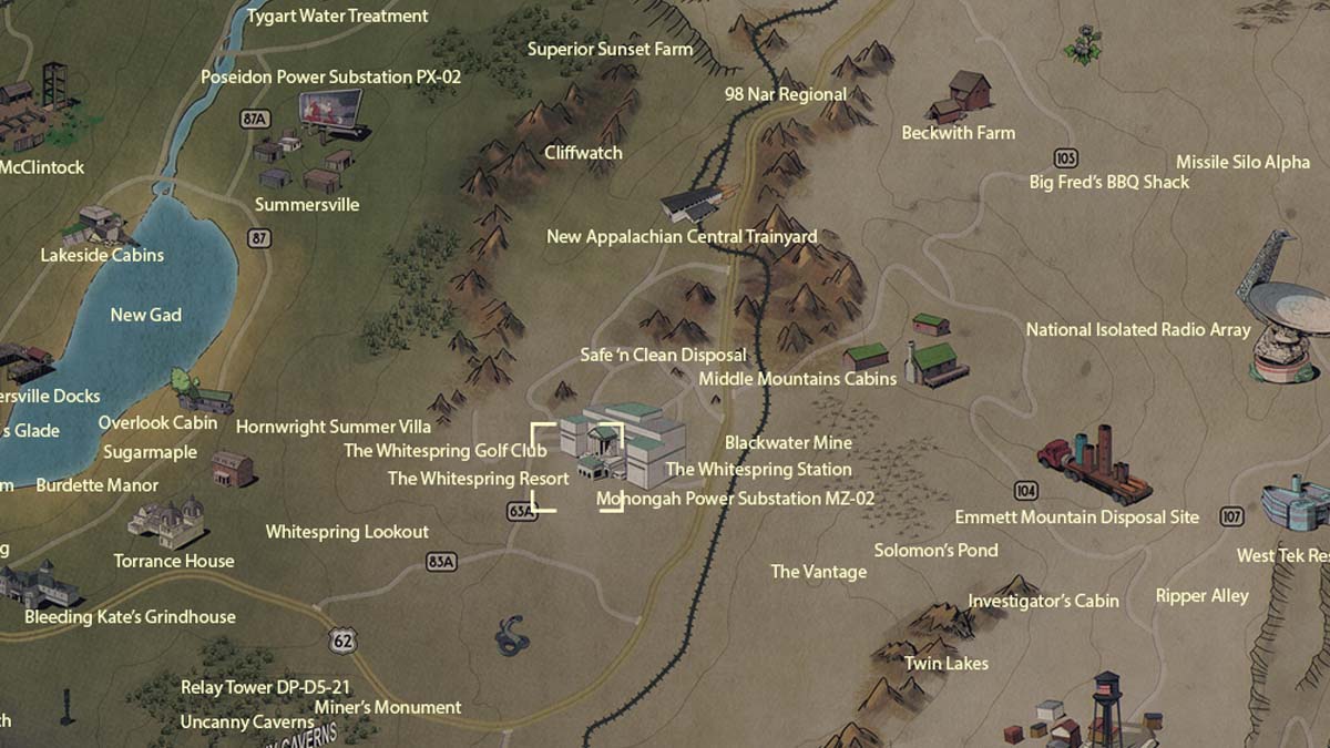Lage des Whitespring-Bunkers und des Resorts auf der Karte in Fallout 76