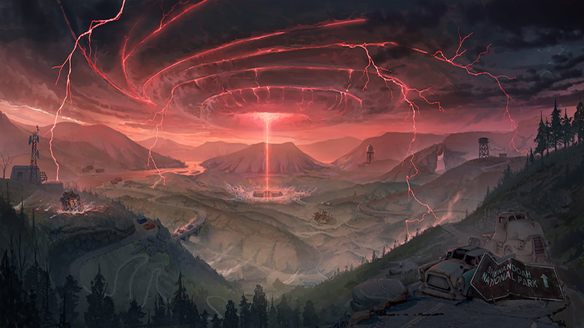 Shenandoah map expansion, barren valley with dark clouds and red cyclone in the sky, erupting down on a building below