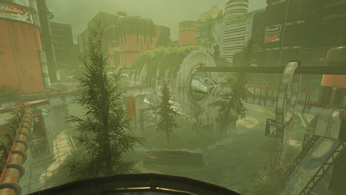 Fallout 76 city with trees growing and abandoned buildings