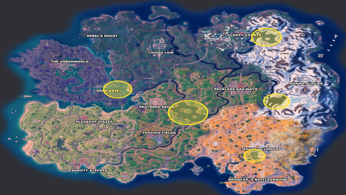 Fortnite Chapter 5 Season 2 Map with best water spots to land circled in yellow