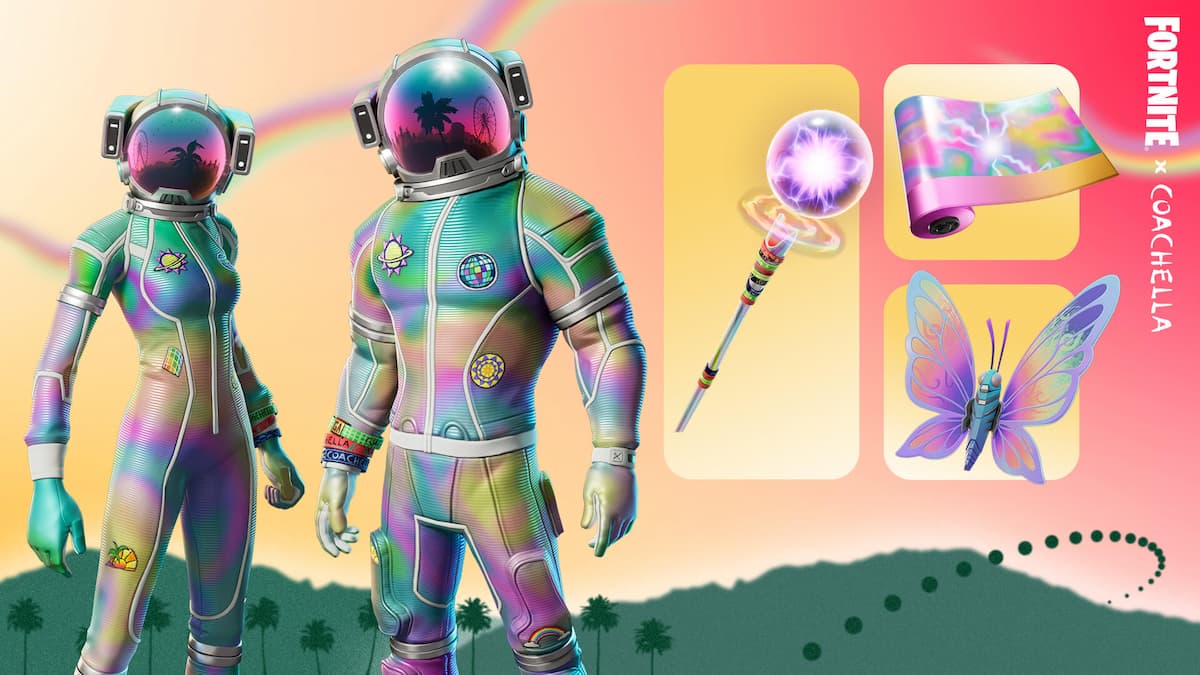 Coachella outfits, astronaut style with matching accessories beside it, pickaxe, back bling, and wrap