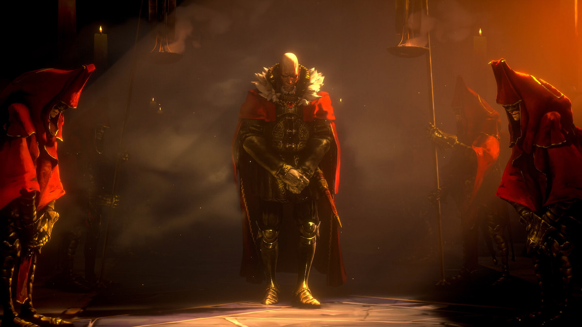a man in red clothes and golden armor stands solemn