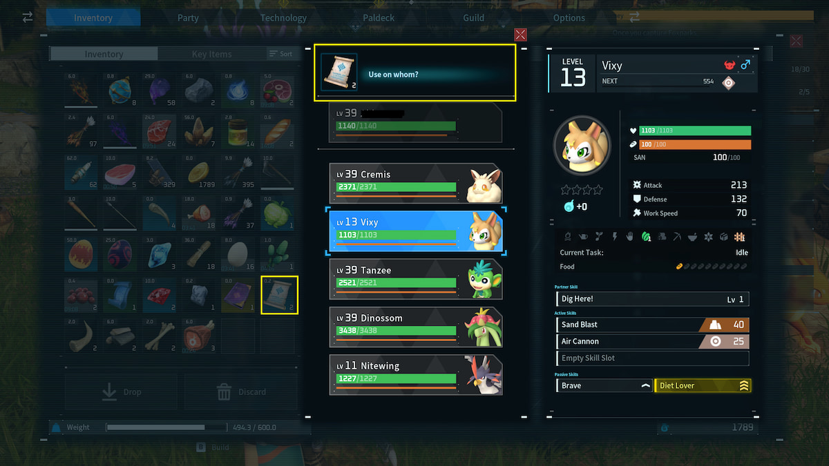 Inventory menu, using training manual with selection of pals