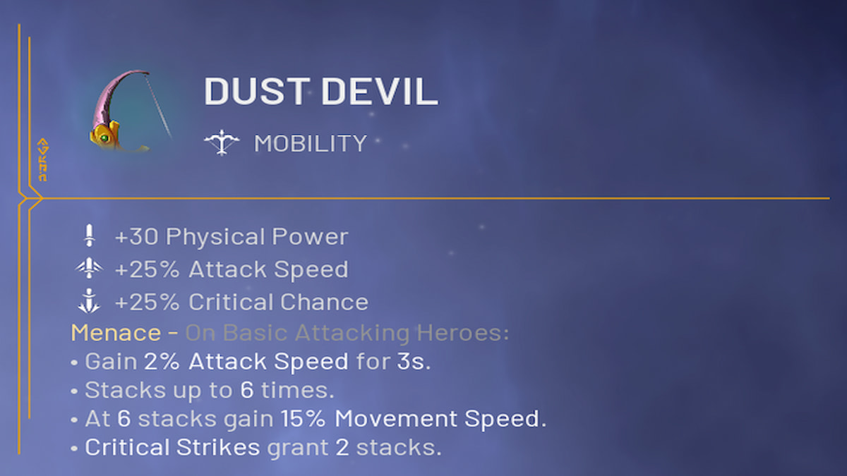 Item menu, dust devil item details and stats