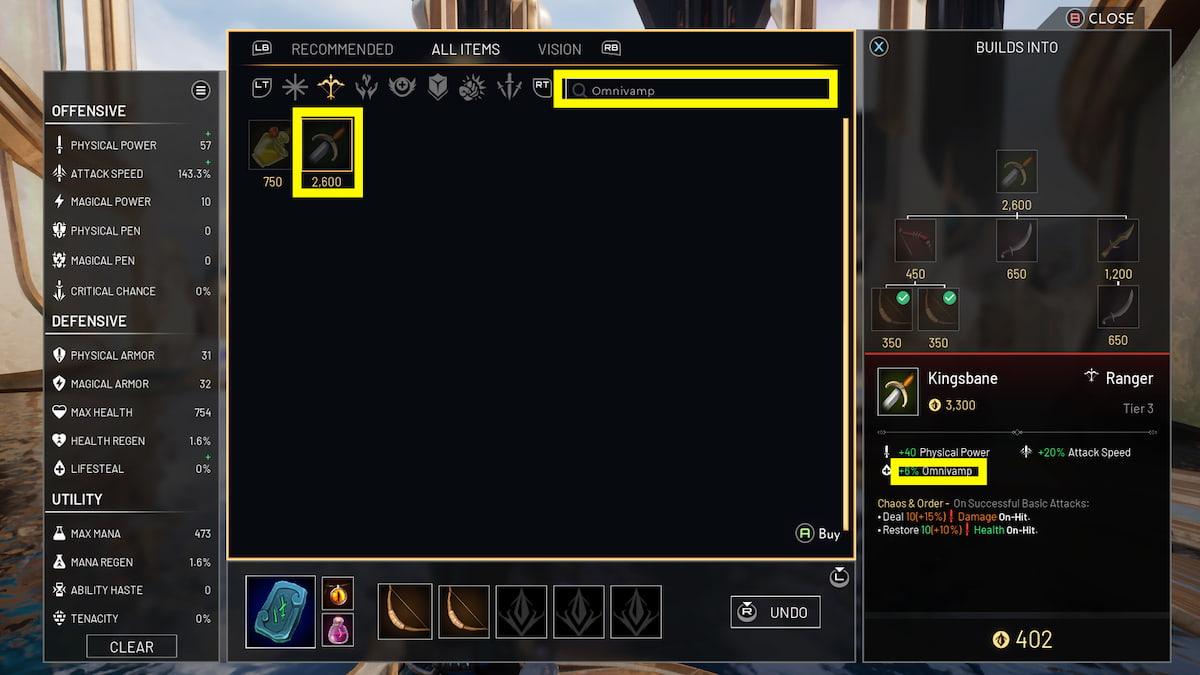During match item shop menu with two items popping up for Omnivamp search. Omnivamp effect stats shown on the right for selected item