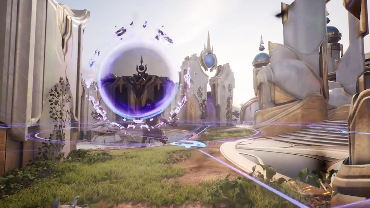 Gideon using Black Hole ability to create a purple sphere in the sky, drawing enemies toward it