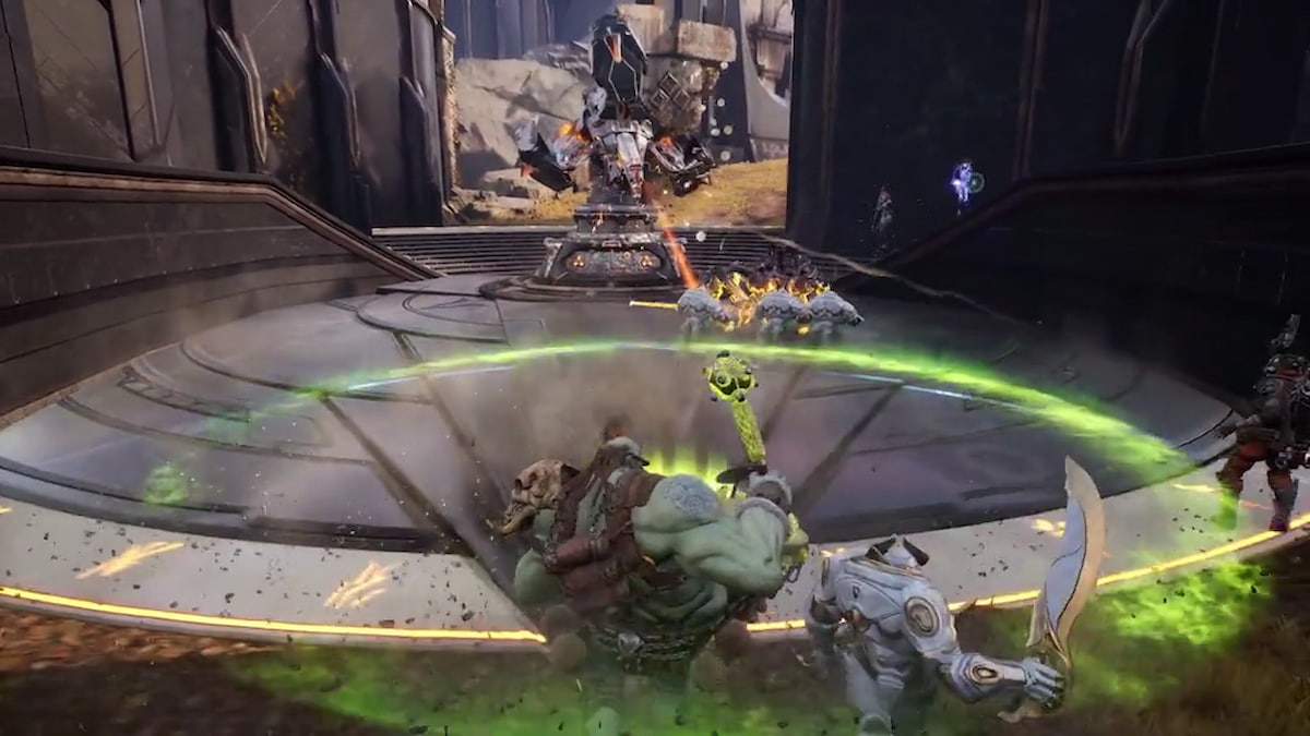 Narbash playing his drums, creating a green circle around nearby players