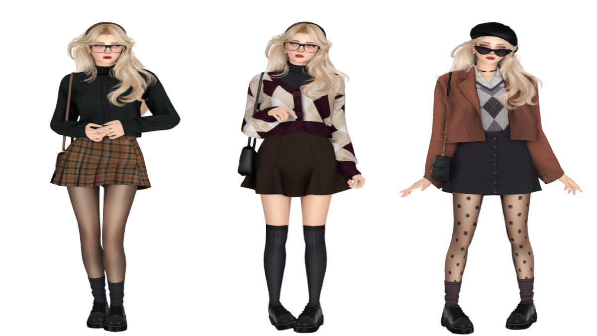 Drei Model-Sims in Dark-Academia-Outfits