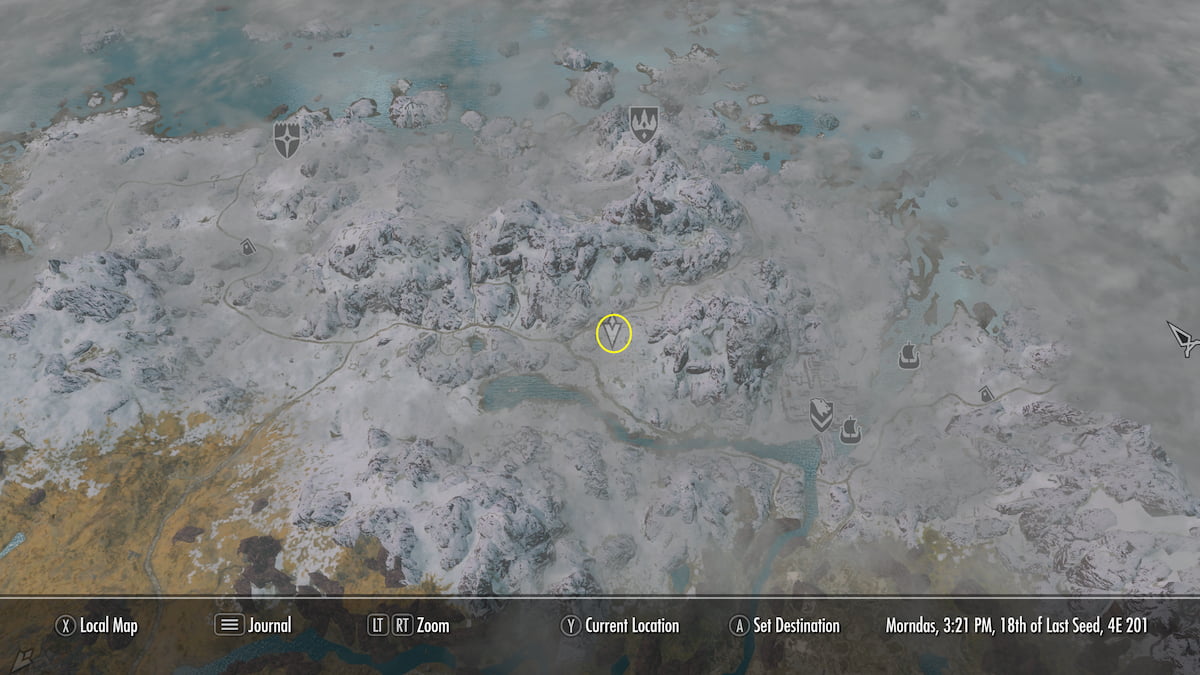 Skyrim modded map with location to bandit camp circled in yellow, northwest of Windhelm