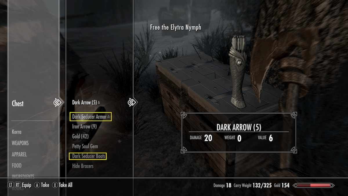 Looting menu from Dark Seducer Bandit Camp chest with armor and boots circled in yellow