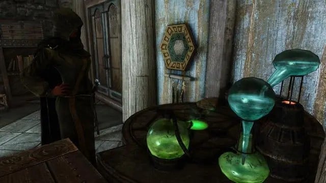 A potion crafting station in Skyrim