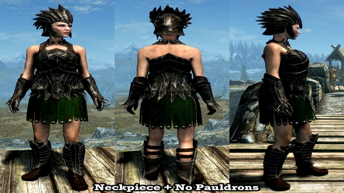 Three different pictures of female wearing practical dark seducer armor: front, back, and side view