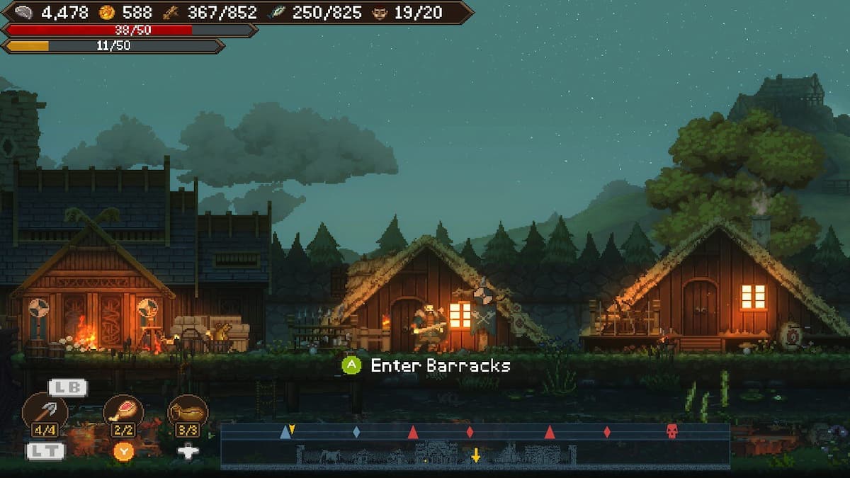 a viking standing in front of the barracks at night