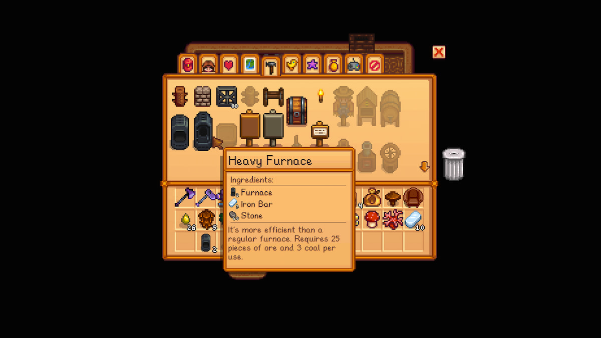 Crafting menu with heavy furnace selected beside the regular furnace, required ingredients shown below it