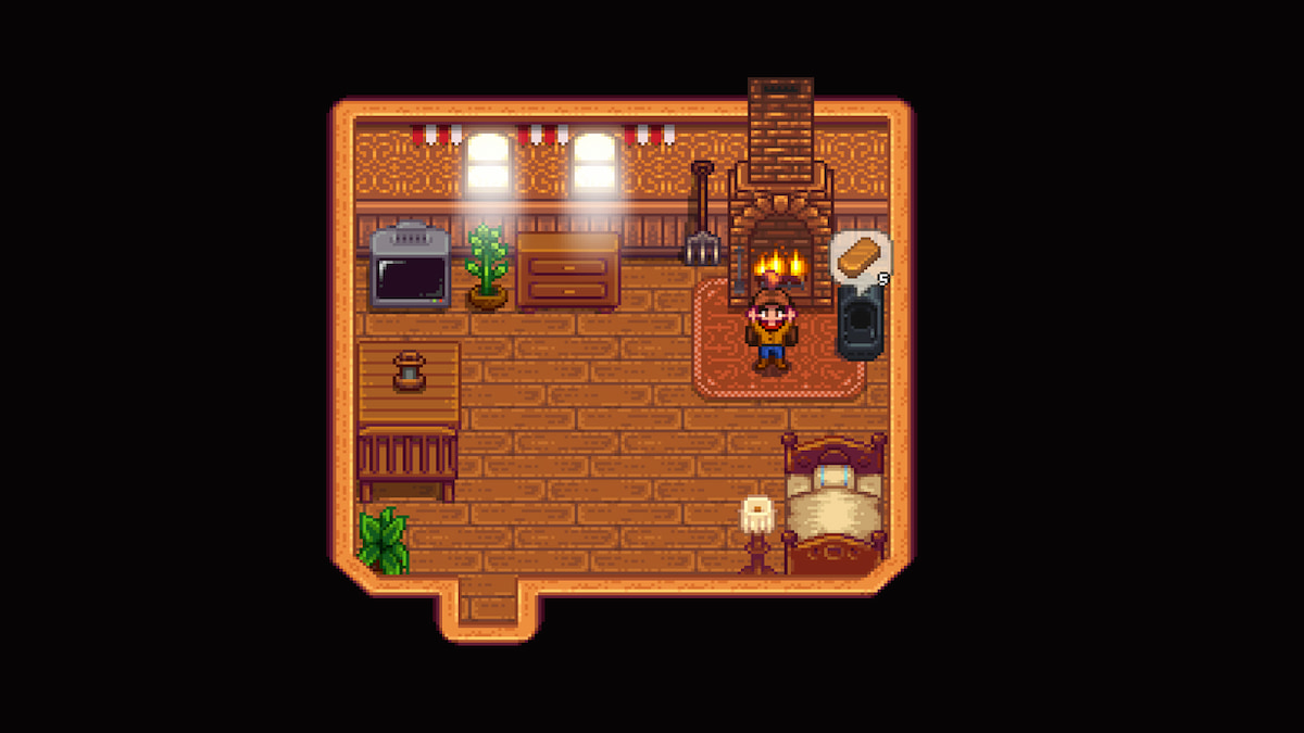 Player standing in meadowlands farm house next to heavy furnace, holding copper ore and five copper bars ready to collect from furnace