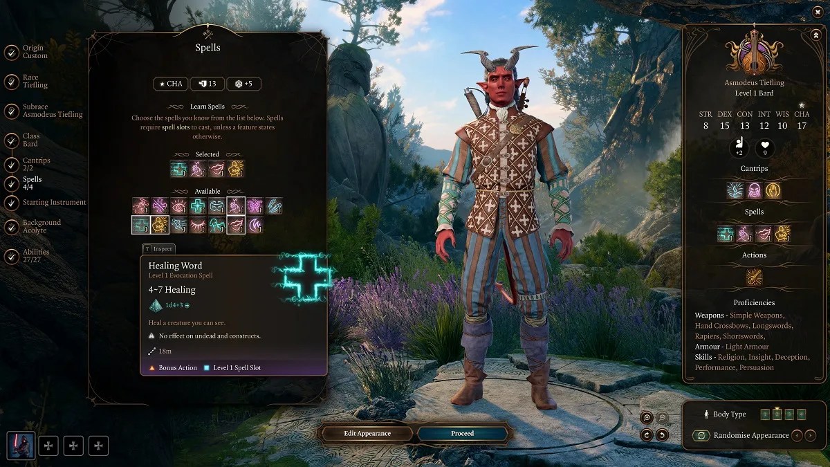 bard tiefling character creation screen in in baldur's gate 3