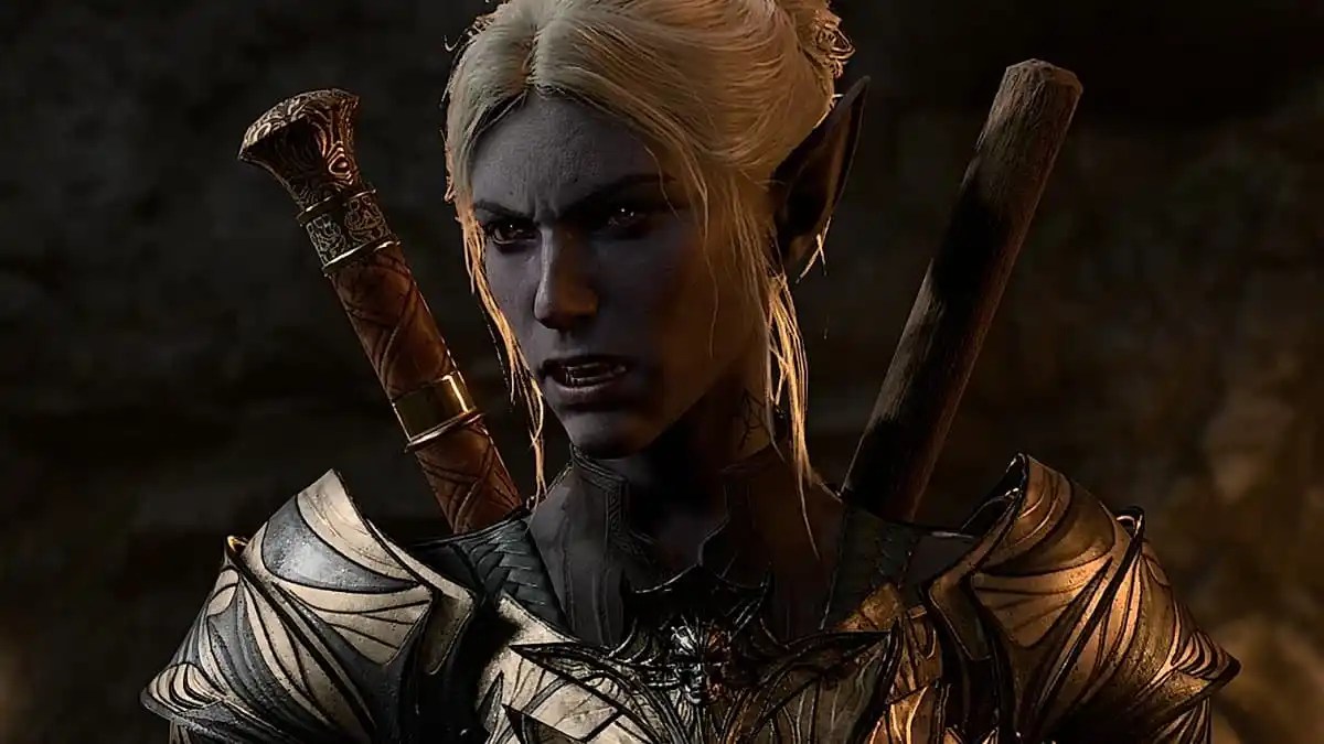 minthara the drow elf paladin staring angrily