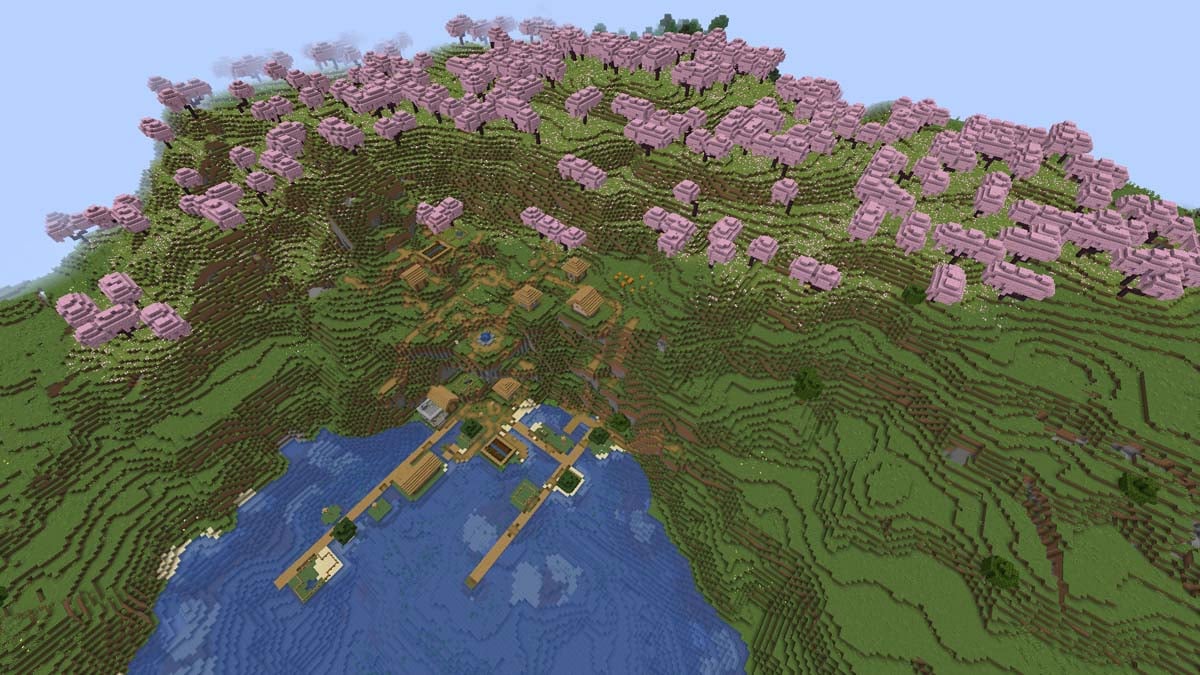 Cliffside cherry grove village in Minecraft