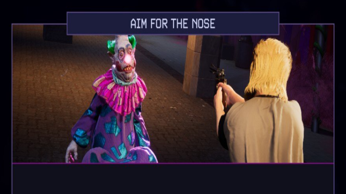 Aiming for a Klown's nose with a firearm to stun it in Killer Klowns From Outer Space.