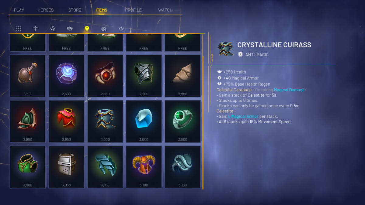 Crystalline Cuirass in the items screen in Predecessor