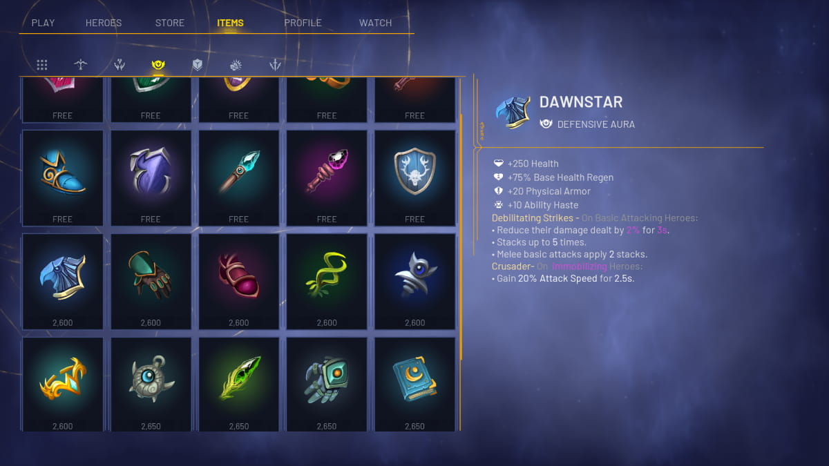 Dawnstar in the items screen in Predecessor