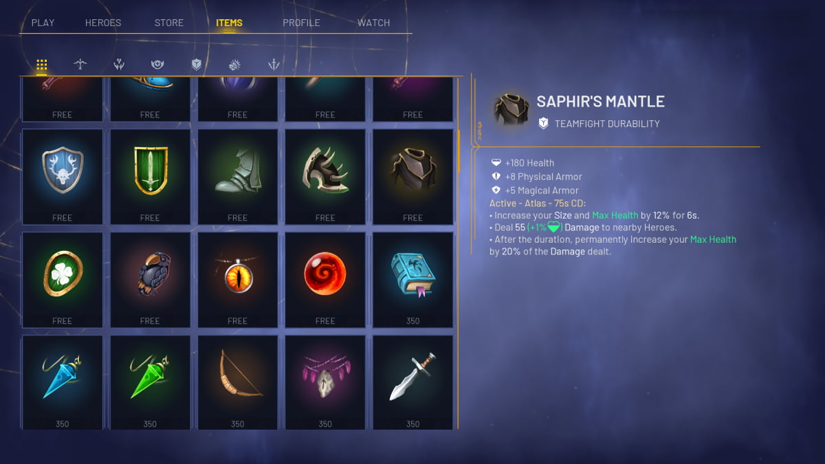 Saphir's Mantle in the Items screen