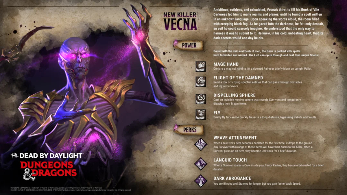 Vecna character sheet that shows his abilities and perks in Dead by Daylight.